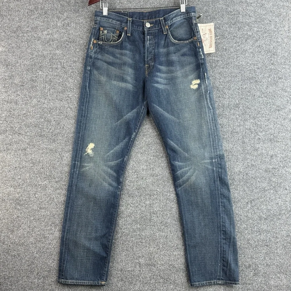 True Religion Geno Jeans Mens 29x32 Blue Denim Geno USA Distressed Selvedge NWT